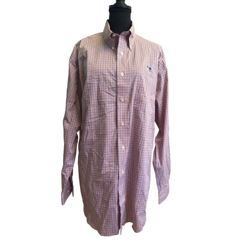 Richland Creek Mens Large Orange Blue Check Button Down Shirt Palmetto Moon L